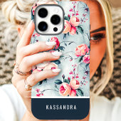 Gedempt Blauw en Perzik Custom Naam Bloemen Case-Mate iPhone Case