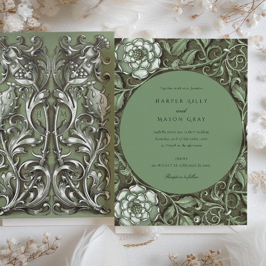 Gedempt Groen Art Nouveau Bloemenbruiloft Kaart