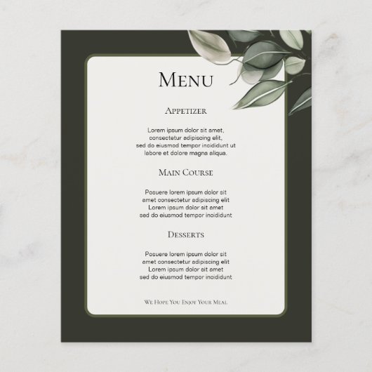 Gedempt groen blad gepersonaliseerd bruiloft menu (Voorkant)