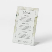 Gedempt groen blad gepersonaliseerd bruiloft menu reclamebord met voetstuk (Voorkant)