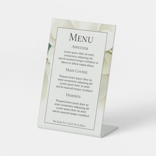Gedempt groen blad gepersonaliseerd bruiloft menu reclamebord met voetstuk (Voorkant)