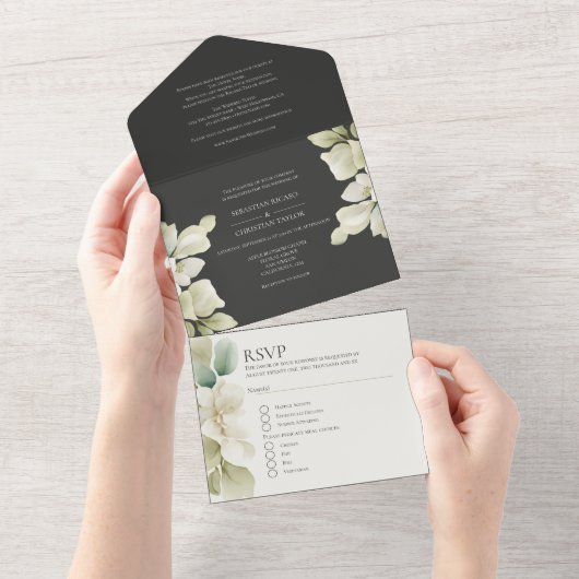 Gedempt groen blad gepersonaliseerde bruiloft all in one uitnodiging (Afscheurbaar)