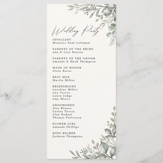 Gedempt groen botanische ivoor bruiloft programma programmakaart (Achterkant)