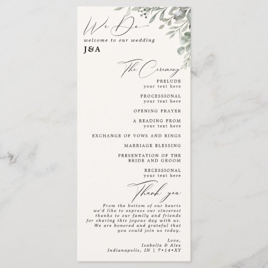 Gedempt groen botanische ivoor bruiloft programma programmakaart (Voorkant)