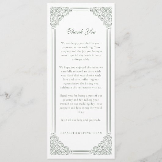  gedempt groen Lijst bruiloft menu + Dank u (Achterkant)