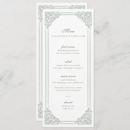  gedempt groen Lijst bruiloft menu + Dank u (Voorkant / Achterkant)