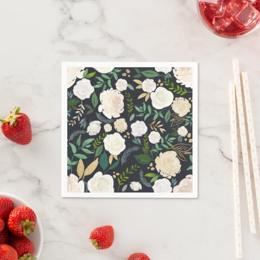 Gedempt Ivoor Bloempatroon met Groen Zwart Servet (Insitu)