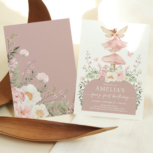 Gedempt roze bos fee eerste 1e verjaardag feest kaart