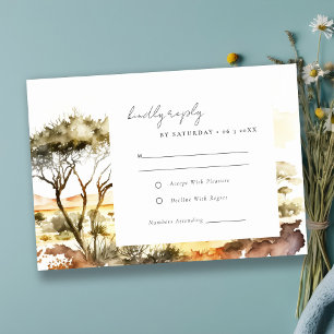 Gedempte aardse aquarel Afrikaans landschap bruilo RSVP Kaartje