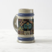 Gedempte aardse folk art patchwork quilt bierpul (Voorkant links)