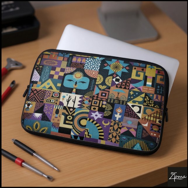 Gedempte aardse folk art patchwork quilt laptop sleeve (Creator heeft geüpload)