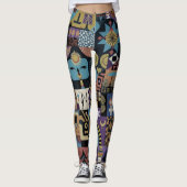 Gedempte aardse folk art patchwork quilt leggings (Voorkant)