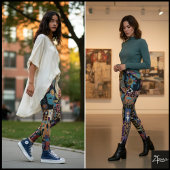 Gedempte aardse folk art patchwork quilt leggings