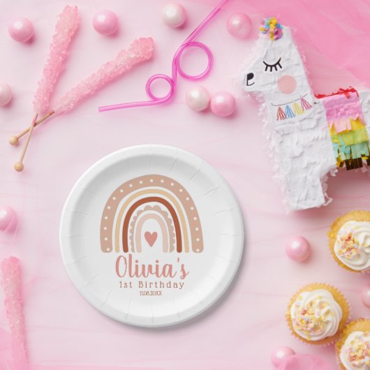Gedempte aardse toon Boho regenboog eerste verjaar Papieren Bordje (Feest)