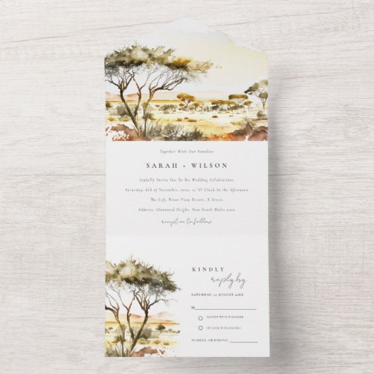 Gedempte aardse Waterverf Afrikaans Landschapsbrui All In One Uitnodiging (Binnen)