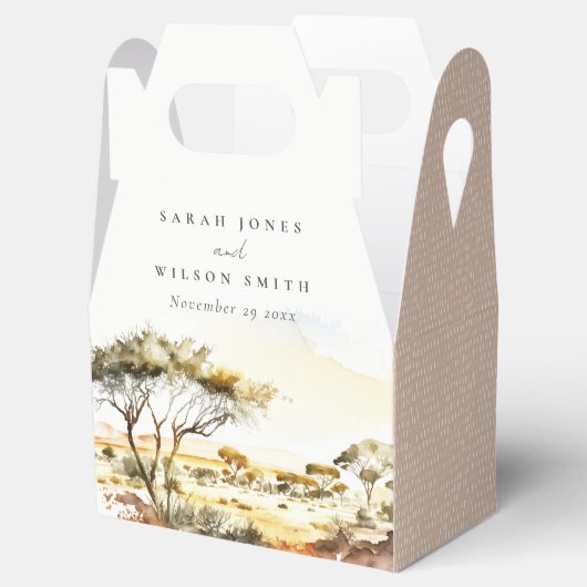 Gedempte aardse Waterverf Afrikaans Landschapsbrui Bedankdoosjes (Geopend)