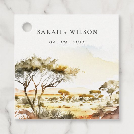 Gedempte aardse Waterverf Afrikaans Landschapsbrui Bedankjes Labels (Voorkant)