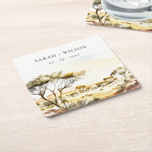 Gedempte aardse Waterverf Afrikaans Landschapsbrui Kartonnen Onderzetters (Schuin)