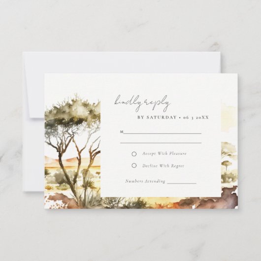 Gedempte aardse Waterverf Afrikaans Landschapsbrui RSVP Kaartje (Voorkant)