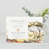 Gedempte aardse Waterverf Afrikaans Landschapsbrui Save The Date (Staand voorkant)