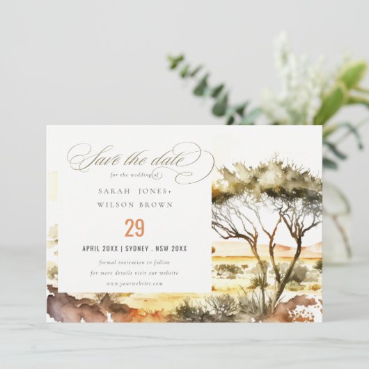 Gedempte aardse Waterverf Afrikaans Landschapsbrui Save The Date (Staand voorkant)