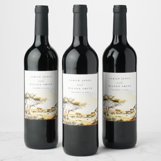 Gedempte aardse Waterverf Afrikaans Landschapsbrui Wijn Etiket (Flessen)