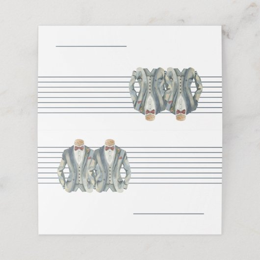 Gedempte Blauw Twee Grooms Pakken en Bow Stropdass Plaatskaartje (Buitenkant ongevouwen)