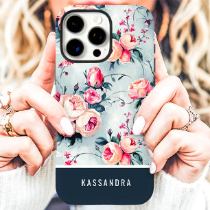 Gedempte Blauwe en Perzik Aangepaste Naam Bloemstu iPhone 16 Pro Max Hoesje