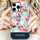 Gedempte Blauwe en Perzik Aangepaste Naam Bloemstu Case-Mate iPhone Case