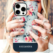 Gedempte Blauwe en Perzik Aangepaste Naam Bloemstu Case-Mate iPhone Case