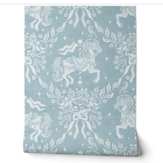Gedempte Blauwe Rococo Carrouselpaarden & Bloemen Behang