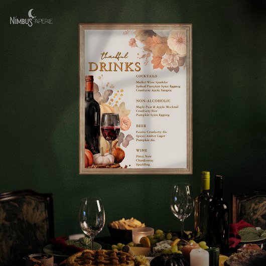 Gedempte bloemen thanksgiving bar menu poster 