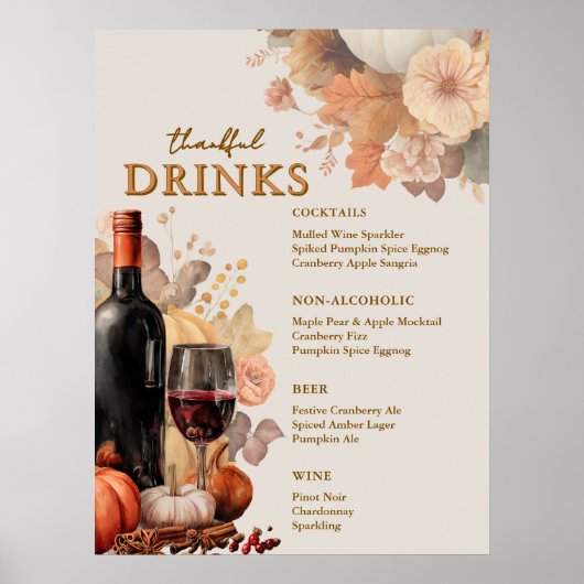 Gedempte bloemen thanksgiving bar menu poster  (Voorkant)