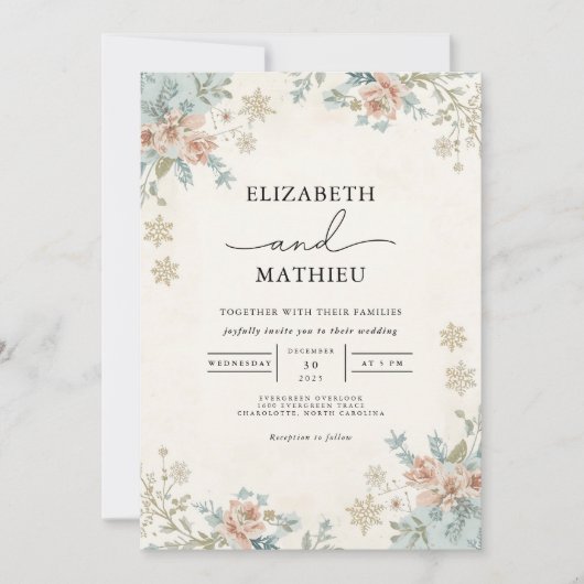 Gedempte bloemen winter botanische bruiloft kaart (Voorkant)