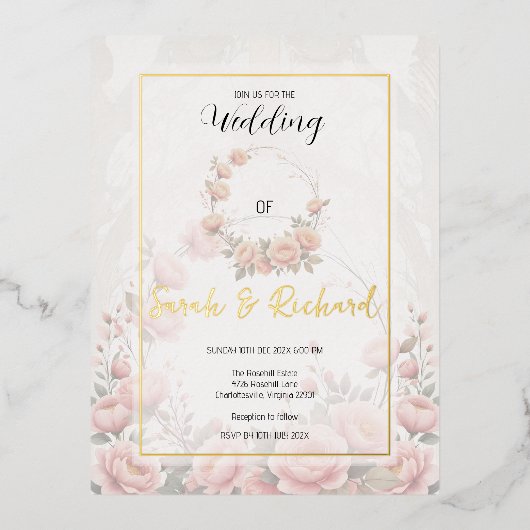 Gedempte Blush Bloemen Papier Tuin Romantische bru Folie Uitnodiging Briefkaart (Voorkant)