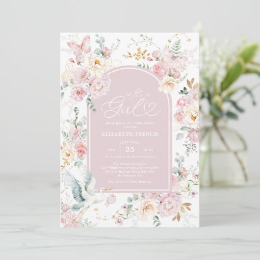 Gedempte Blush Ooievaar Wildflower Baby Meisje Dou Kaart (Staand voorkant)