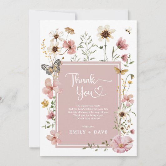 Gedempte Blush Spring Boho Wildflower Butterfly Ba Bedankkaart (Voorkant)