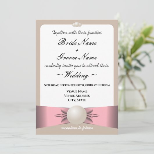 Gedempte Blush & Tan Pearl Lint Foto Bruiloft Kaart (Staand voorkant)