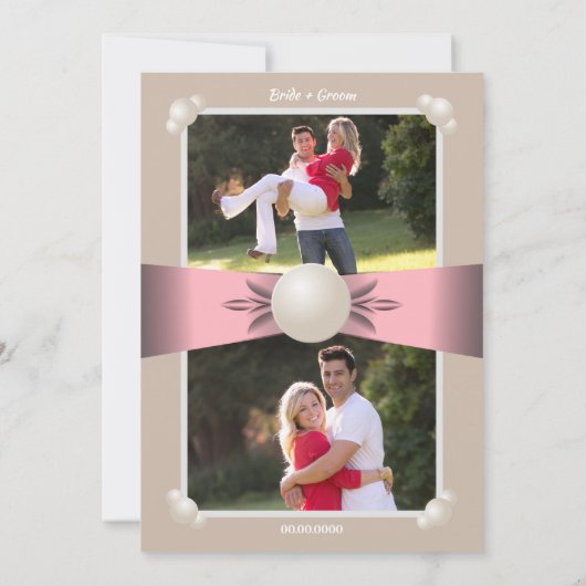 Gedempte Blush & Tan Pearl Lint Foto Bruiloft Kaart (Achterkant)