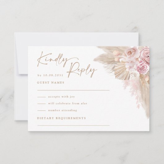 Gedempte Blush Tropische Boho Pampas Bruiloft RSVP Kaart (Voorkant)