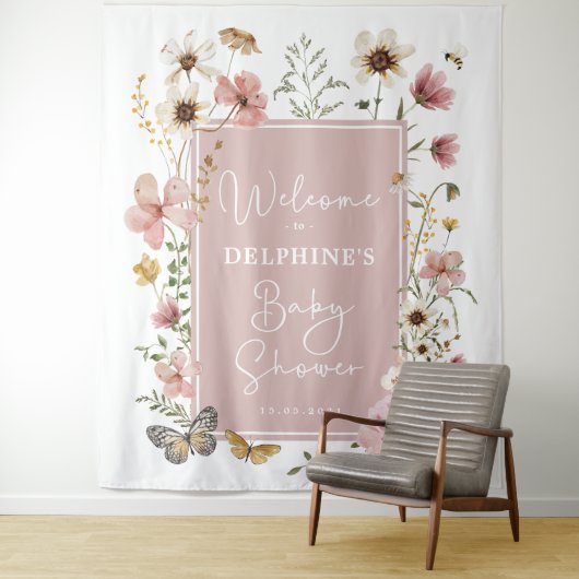 Gedempte Blush Wildflower Fairy Baby shower Welkom Wandkleed (In situ)