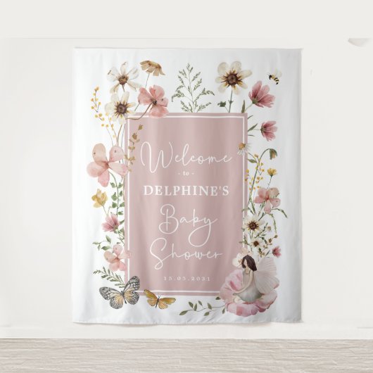 Gedempte Blush Wildflower Fairy Baby shower Welkom Wandkleed (Voorkant)