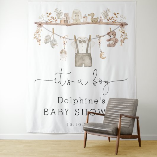 Gedempte Boho Little Man Boy Baby shower Welkom Wandkleed (In situ)