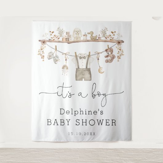 Gedempte Boho Little Man Boy Baby shower Welkom Wandkleed (Voorkant)
