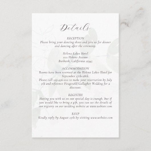 Gedempte eucalyptus bruiloft details informatiekaartje (Voorkant)