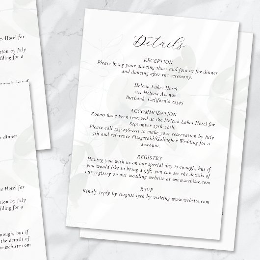 Gedempte eucalyptus bruiloft details informatiekaartje