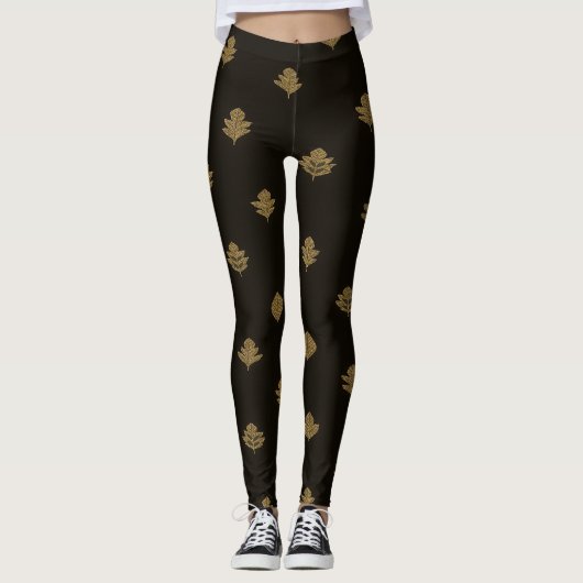 Gedempte gouden bladeren Zwart Leggings (Voorkant)