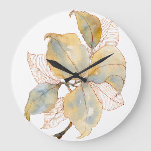 Gedempte Gouden Blauwe Aquarel Botanische Bladeren Grote Klok