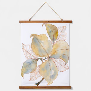 Gedempte Gouden Blauwe Aquarel Botanische Bladeren Hangend Wandkleed