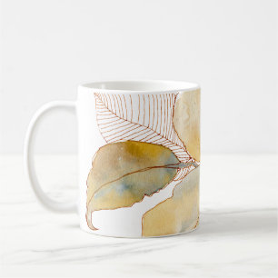 Gedempte gouden blauwe aquarel botanische bladeren koffiemok